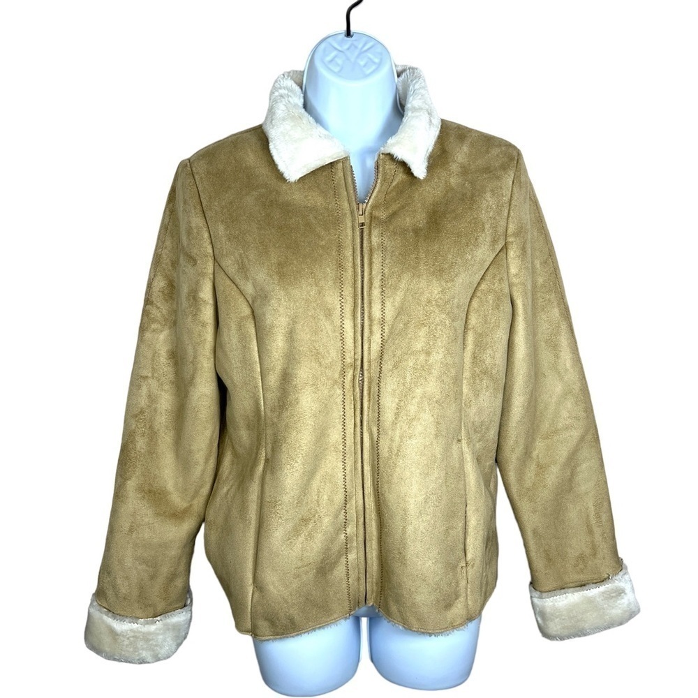 Relativity Faux Fur Faux Suede Coat Long Sleeve Zip Closure Medium